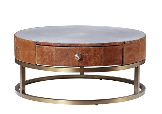 Tamas - 13" Coffee Table - Aluminum & Cocoa Top Grain Leather