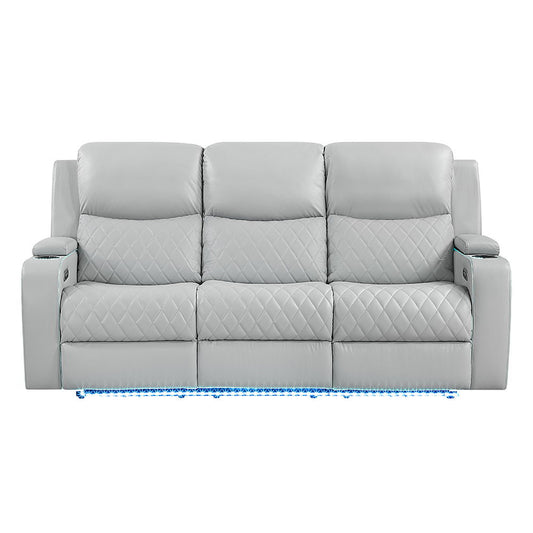 Elonzo - Power Motion Sofa With LED, Power Headrest & Speaker - Light Gray