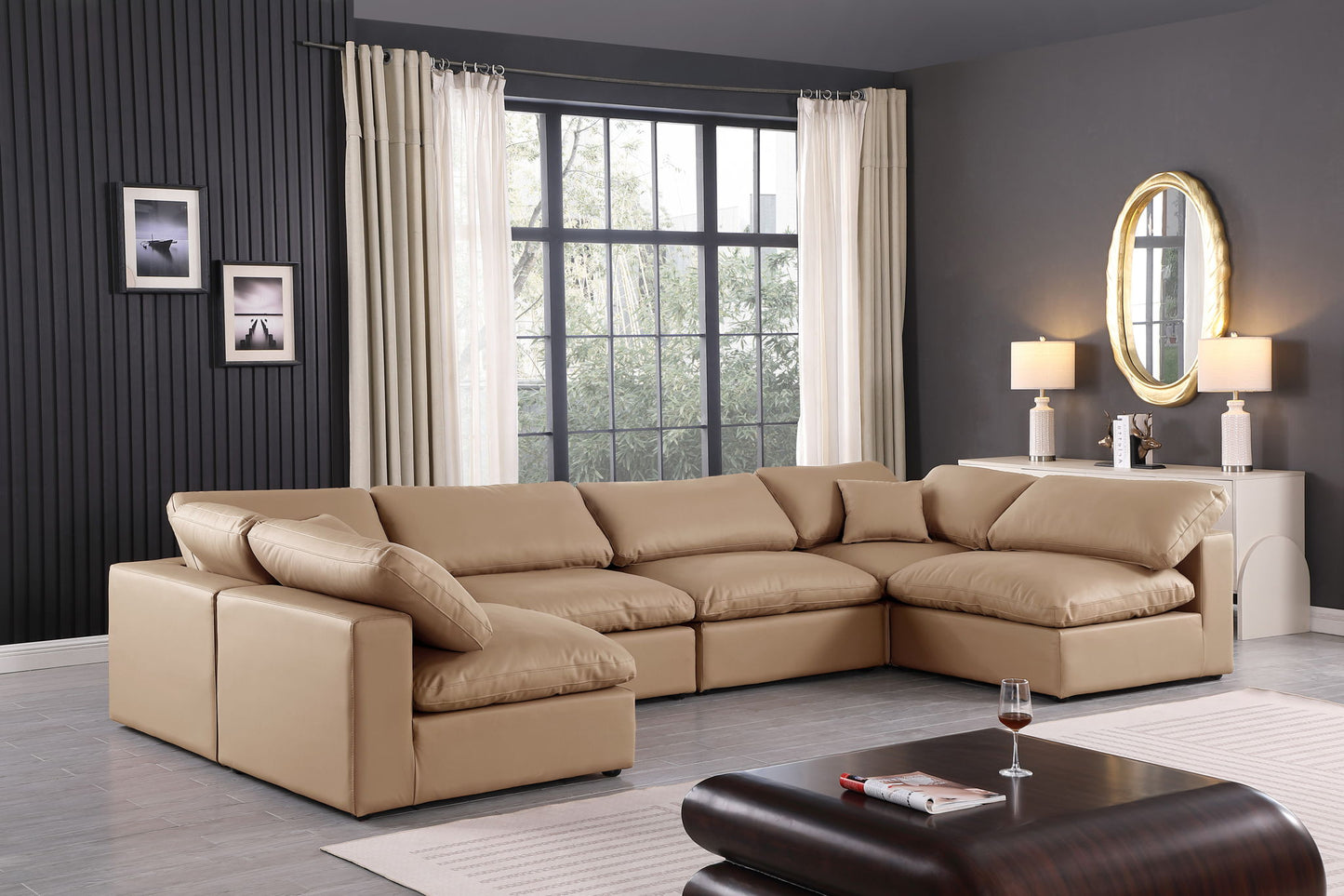 Comfy - 6 Piece Faux Leather Modular Armless Sectional - Tan