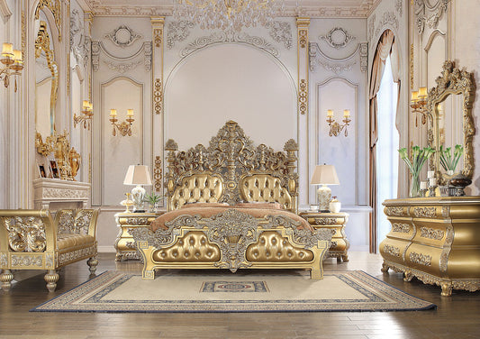 Seville - Eastern King Bed - Synthetic Leather & Gold