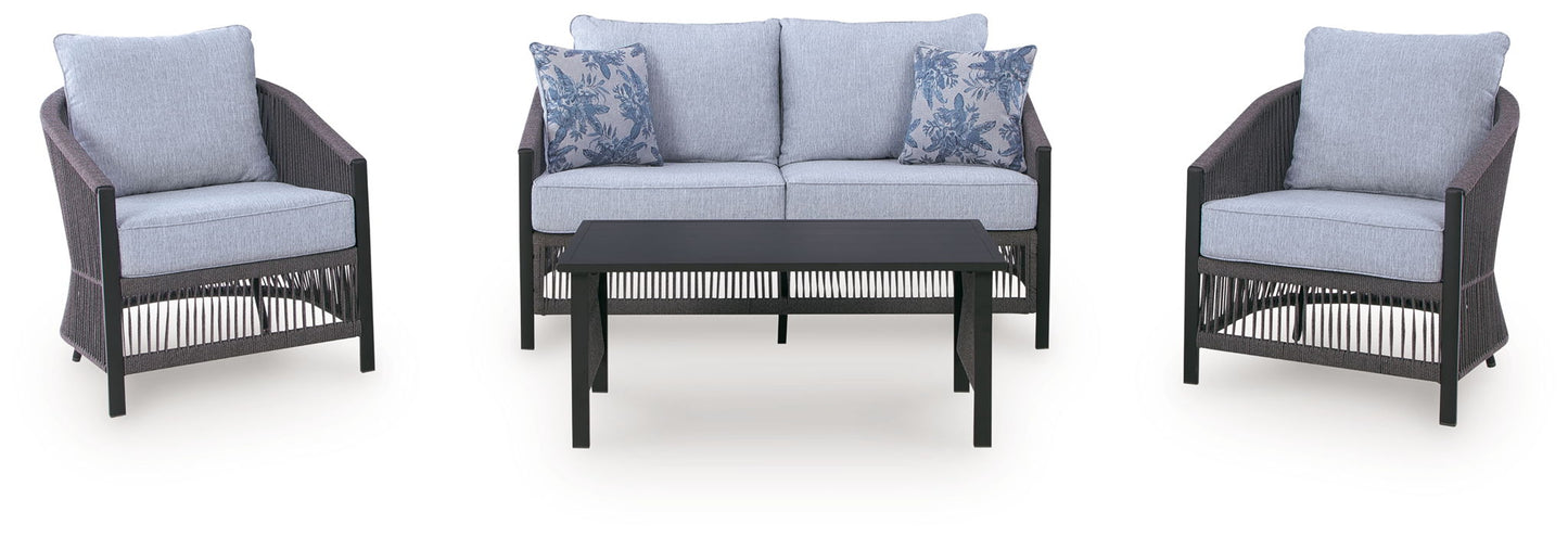 Bridges Beach - Loveseat, Lounge Chairs, Table Set (Set of 4) - Gray