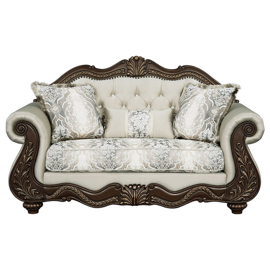Pierce - Loveseat With 3 Pillows - Beige Fabric & Cherry