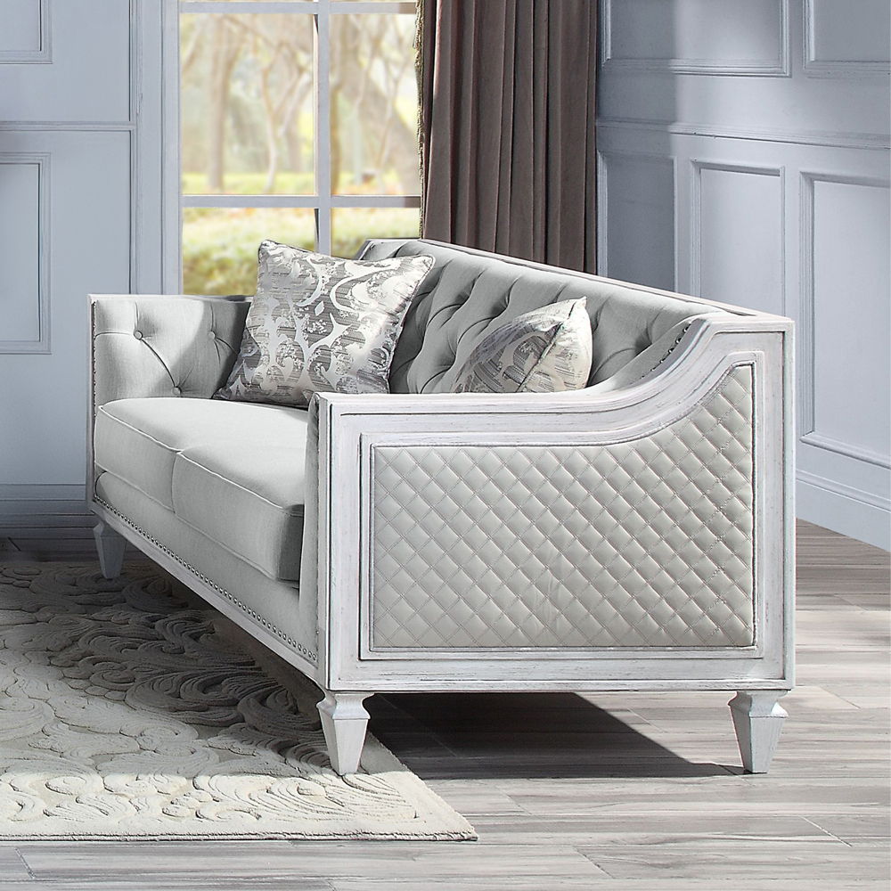 Katia - Loveseat With 2 Pillows - Light Gray Linen & Weathered White