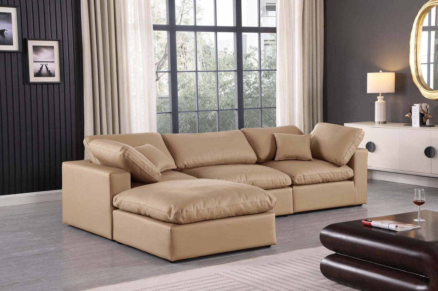Comfy - 4 Piece Faux Leather Modular Sectional With Chaise - Tan