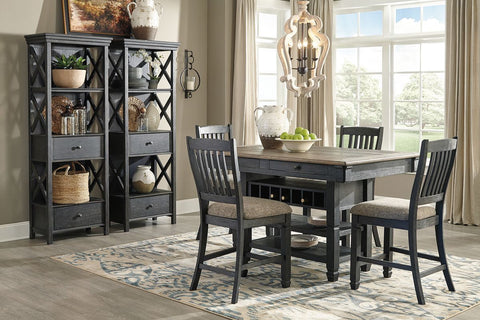 Dark Gray / 7 Pc. - Rectangular Dining Room Counter Table, 4 Upholstered Barstools, 2 Display Cabinets