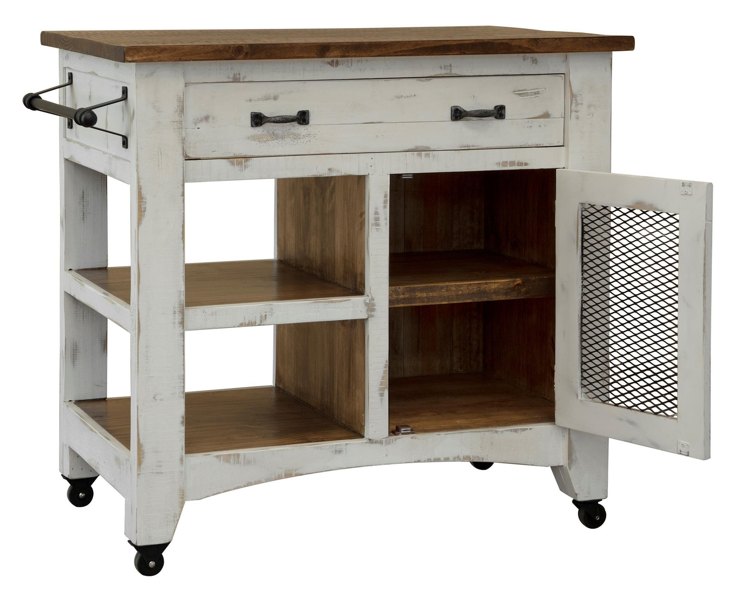 Pueblo - Kitchen Island With 1 Drawer / 1 Mesh Door - Antiqued White / Brown