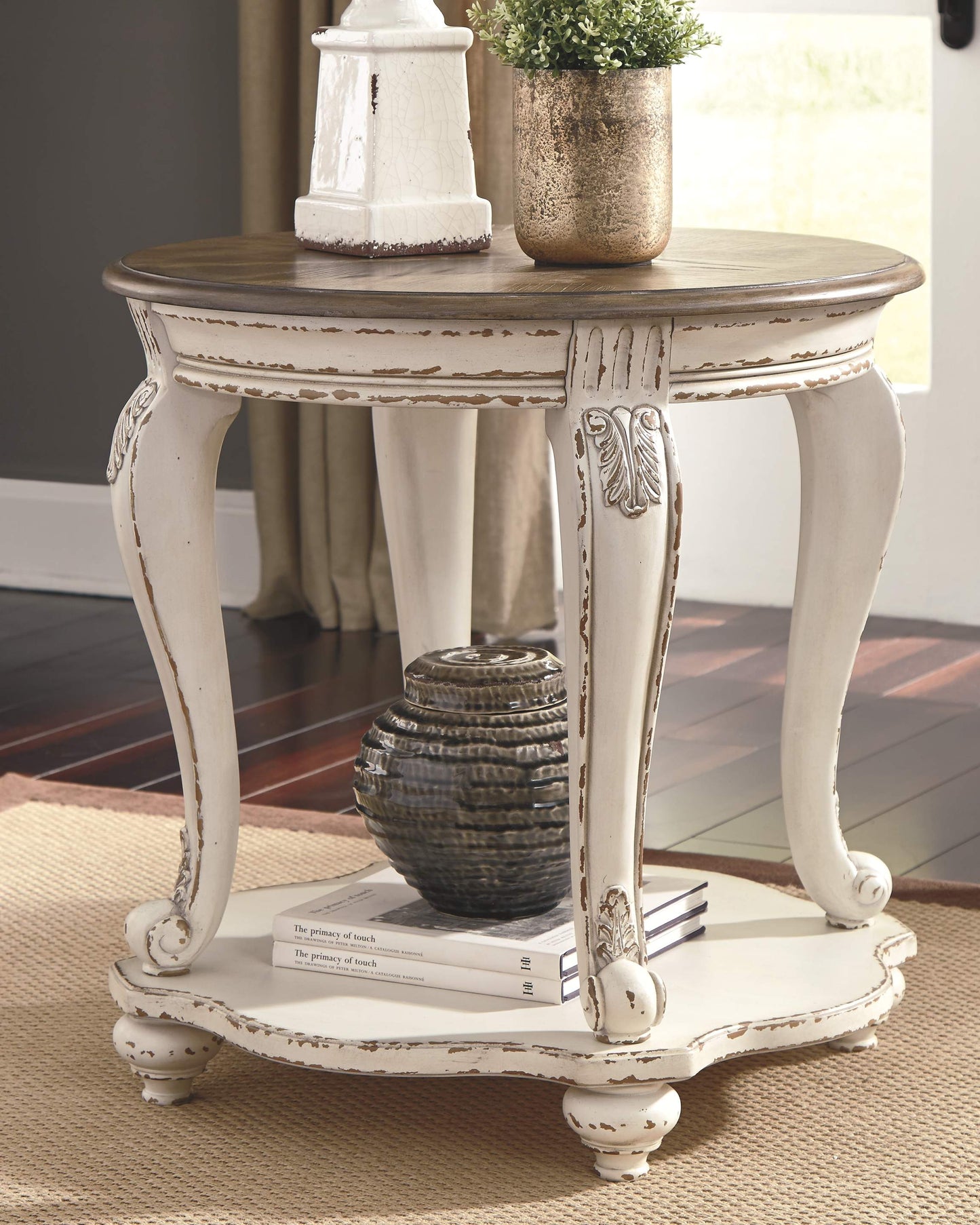 Realyn - Round End Table - White / Brown