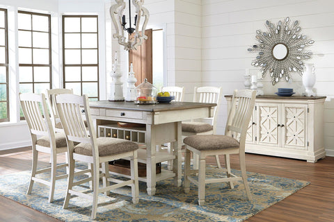 Beige / 8 Pc. - Rectangular Dining Room Counter Table, 6 Upholstered Barstools, Dining Room Server