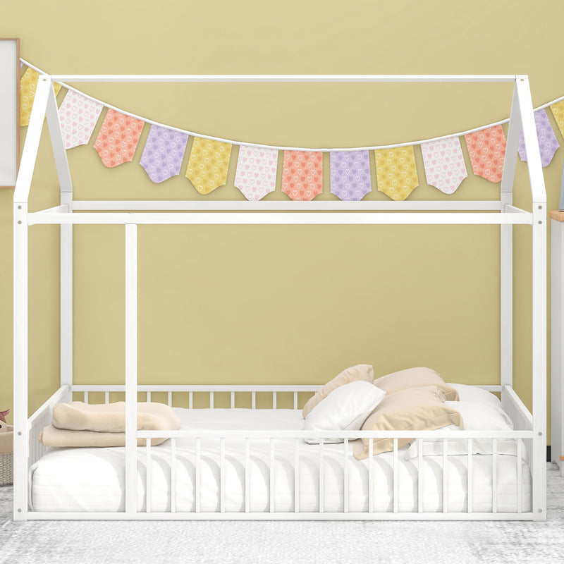 Metal Bed House Bed Frame With Fence