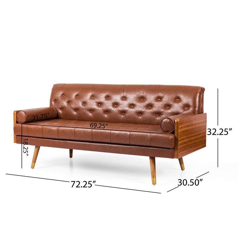 Adelaide - Mid Century Modern Tufted Sofa With Rolled Accent Pillows - Light Brown