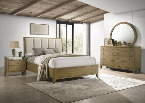 Light Brown / 4 Pc. Bed, Dresser, Mirror, Nightstand / Queen