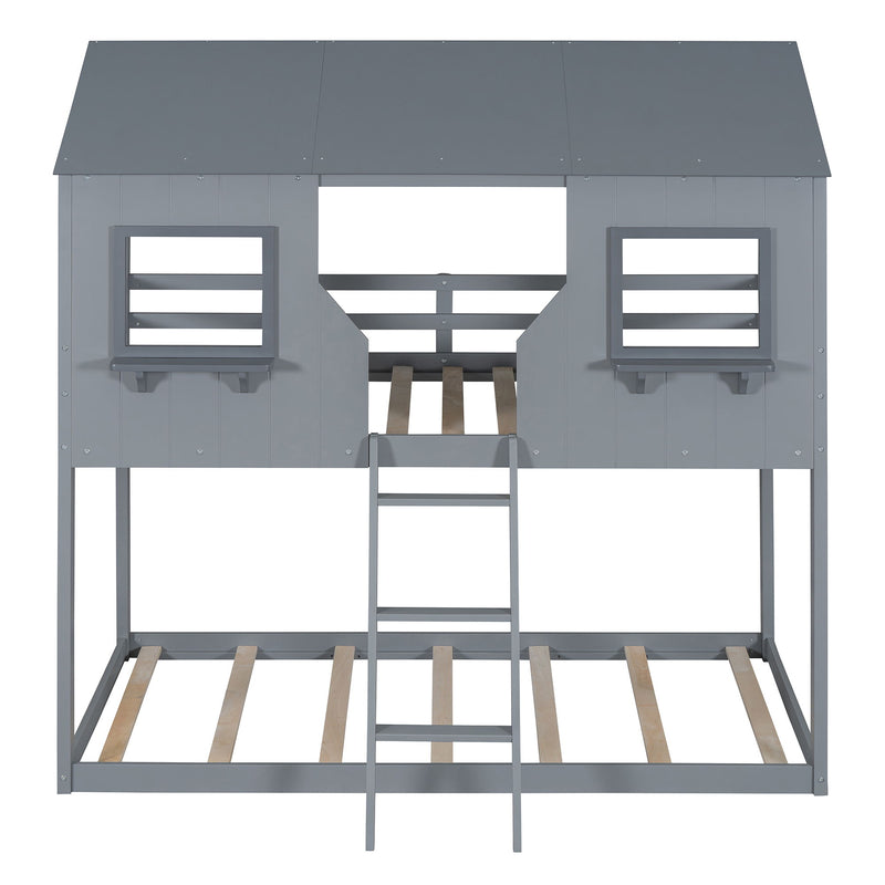 Twin Over Twin Bunk Bed With Roof, Window, Guardrail, Ladder