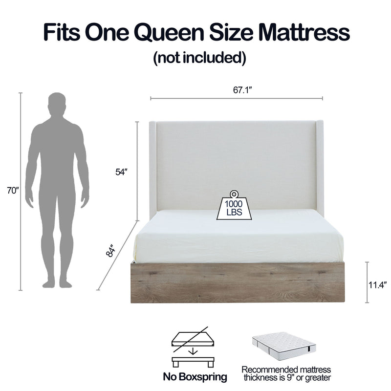 Shelton - Queen Upholstered Wingback Bed With 54" High Headboard - Ivory / Light Gray / Camel Oak