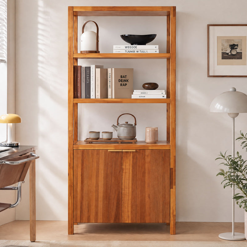 Modern Tall Storage Bookcase Cabinet With 2 Open Shelves & Double Doors