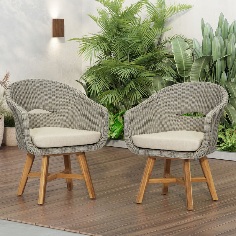 Modern Coastal Rattan Dining Chairs, (Set of 2), Solid Wood Legs - Beige