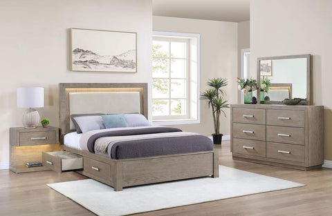 Light Brown / 4 Pc. Bed, Dresser, Mirror, Nightstand / California King