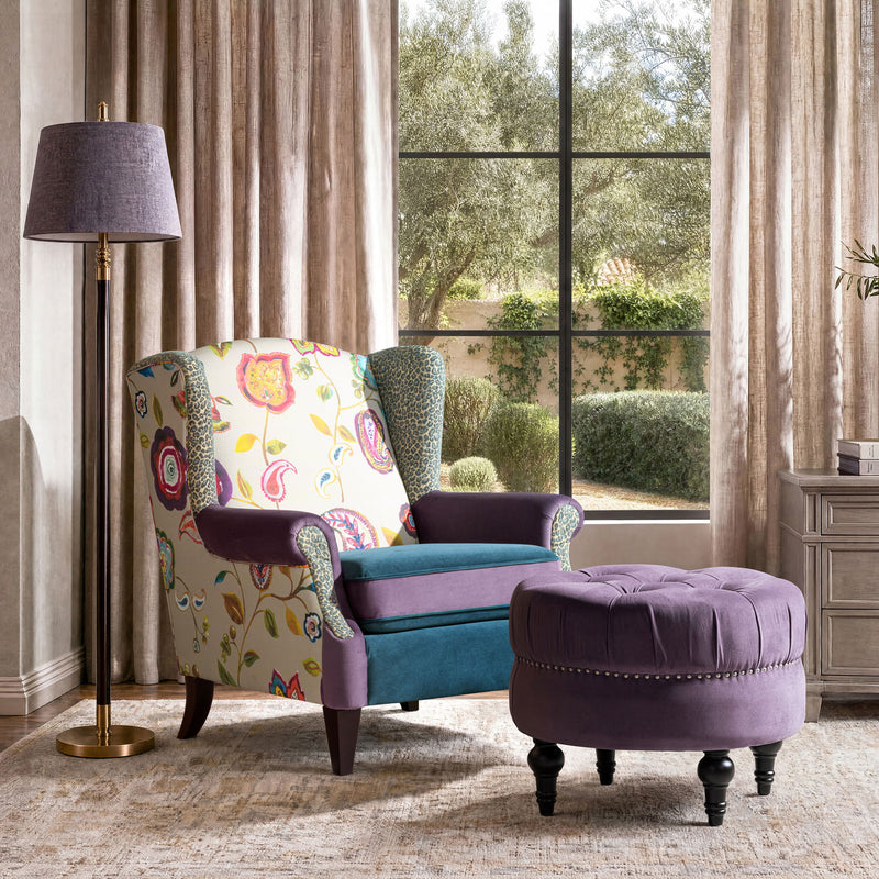 Dawn - Tufted Round Ottoman Nailhead Accents - Purple