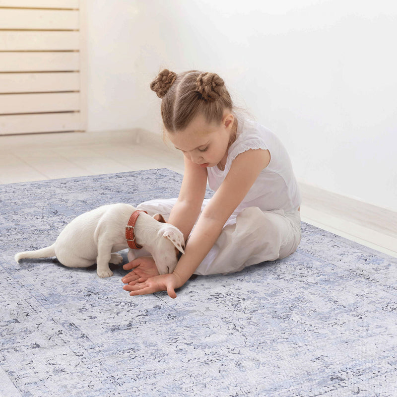 Maval - 2' X 3' Washable Area Rug - Blue / Cream