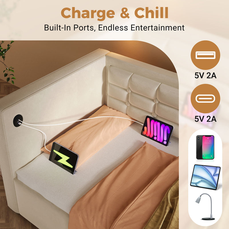 Upholstered Daybed With Hydraulic Storage And USB / Type - C Charging