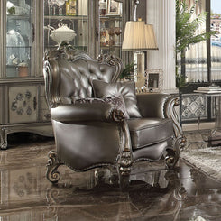 Versailles - Chair With 2 Pillows - Silver Synthetic Leather & Antique Platinum