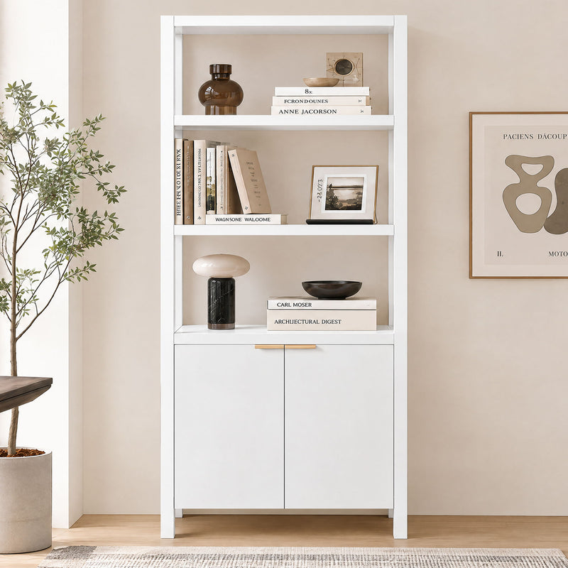 Modern Tall Storage Bookcase Cabinet With 2 Open Shelves & Double Doors
