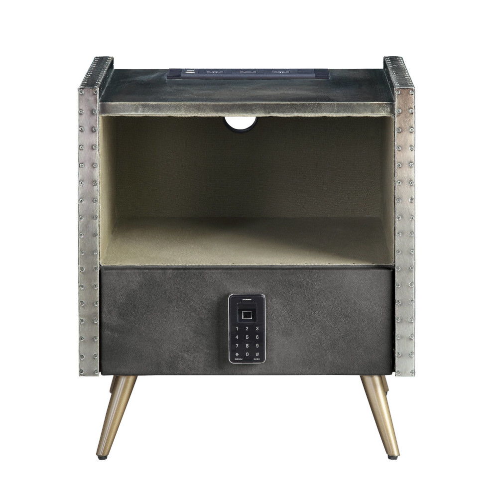 Doris - Nightstand With USB & Electric Lock - Gray Top Grain Leather & Aluminum