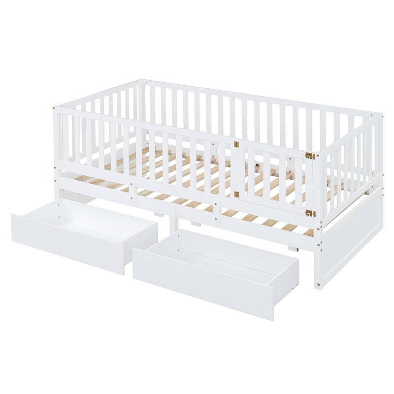 Daybed With Fence Guardrails And 2 Drawers, Split Into Independent Floor Bed & Daybed