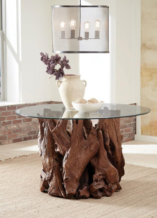 Asbury - Round Glass Top Dining Table - Teak Brown