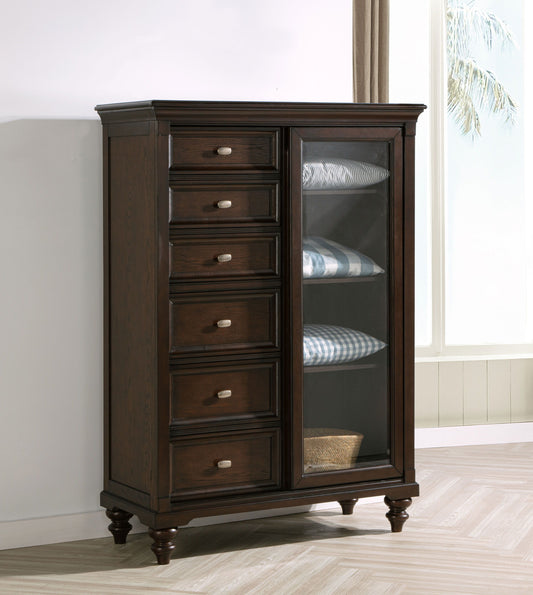 Andover - 6-Drawer Tempered Glass Door Chest - Dark Oak