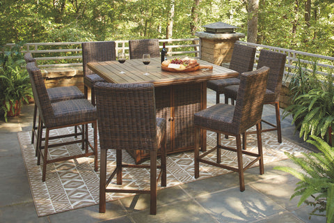 Light Brown / 9 Pc. - Fire Pit Table, 8 Barstools