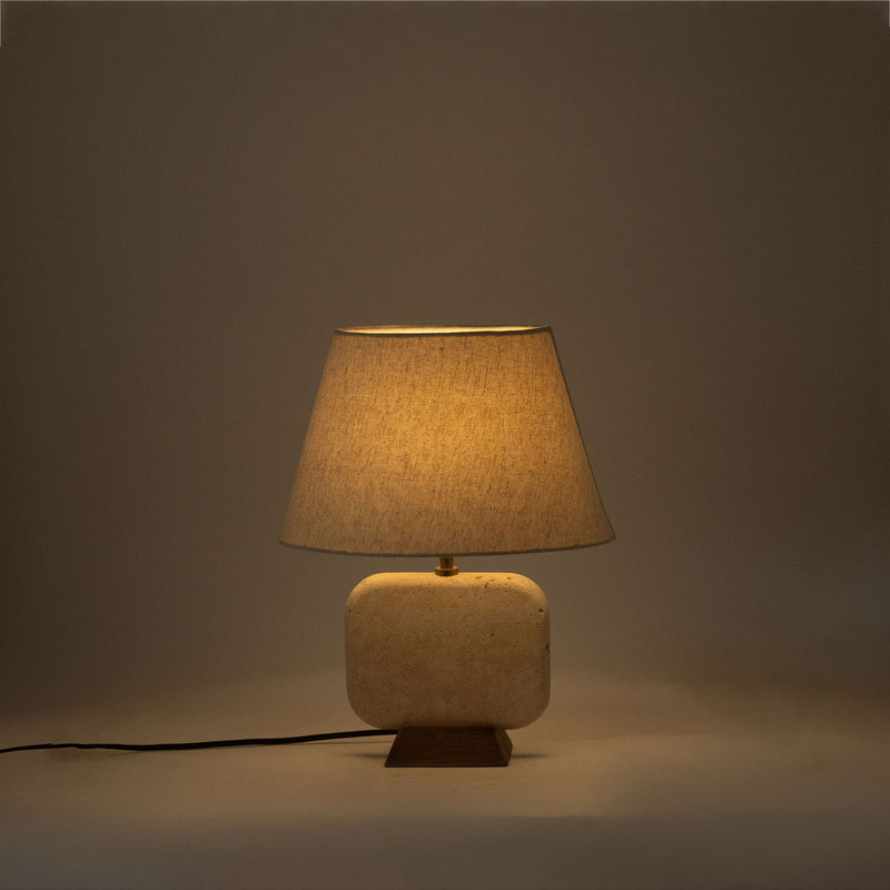 Solis - 14" Genuine Marble And Mango Wood Base With Linen Textured Fabric Shade Table Lamp