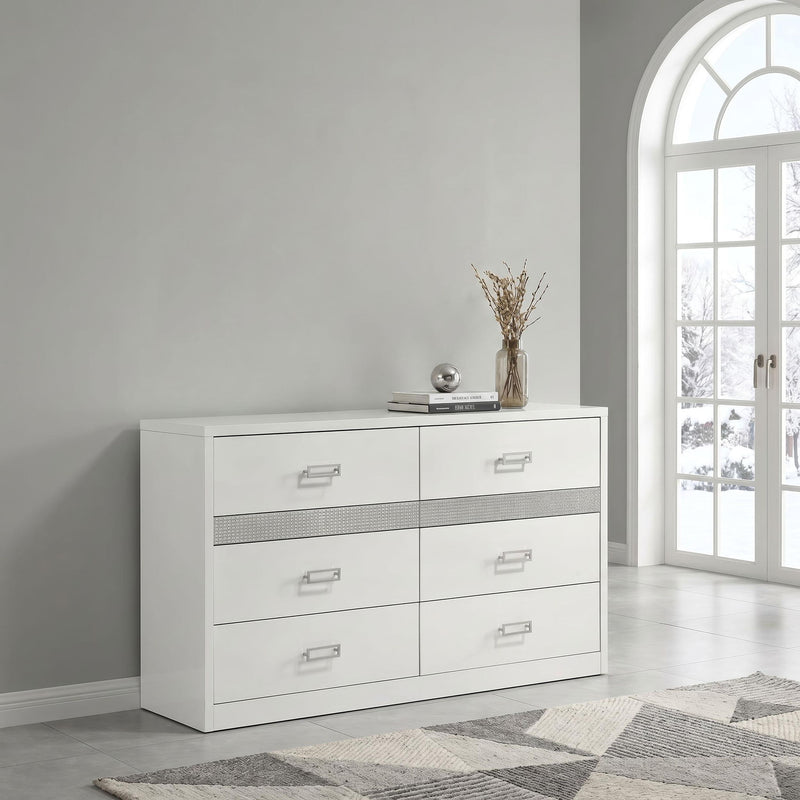 Viana 6-Drawer Bedroom Dresser with Chrome Pulls White High Gloss