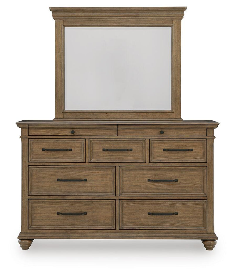 Karallin - 3 Pc. - Queen Panel Storage Bed, Dresser And Mirror - Medium Brown