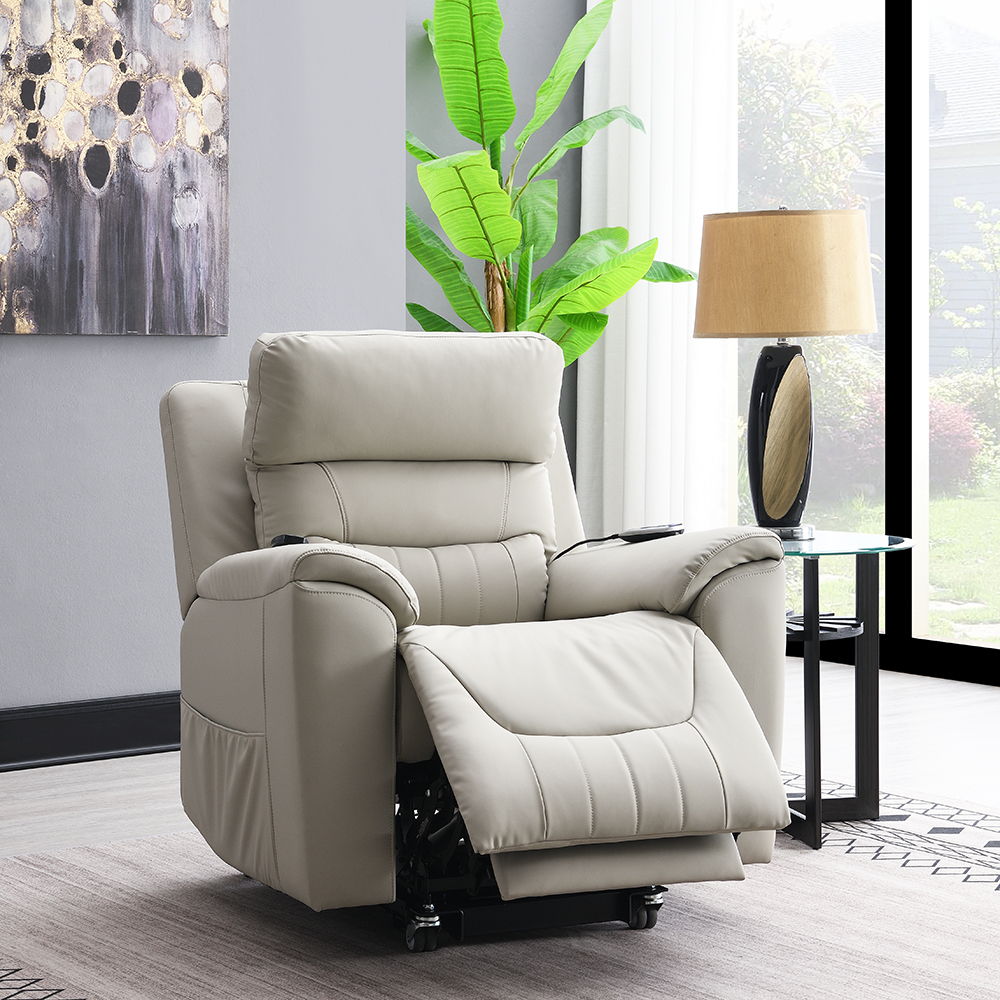 Marsha - Power Recliner With Lift & Massage - Light Gray Silicone Synthetic Leather