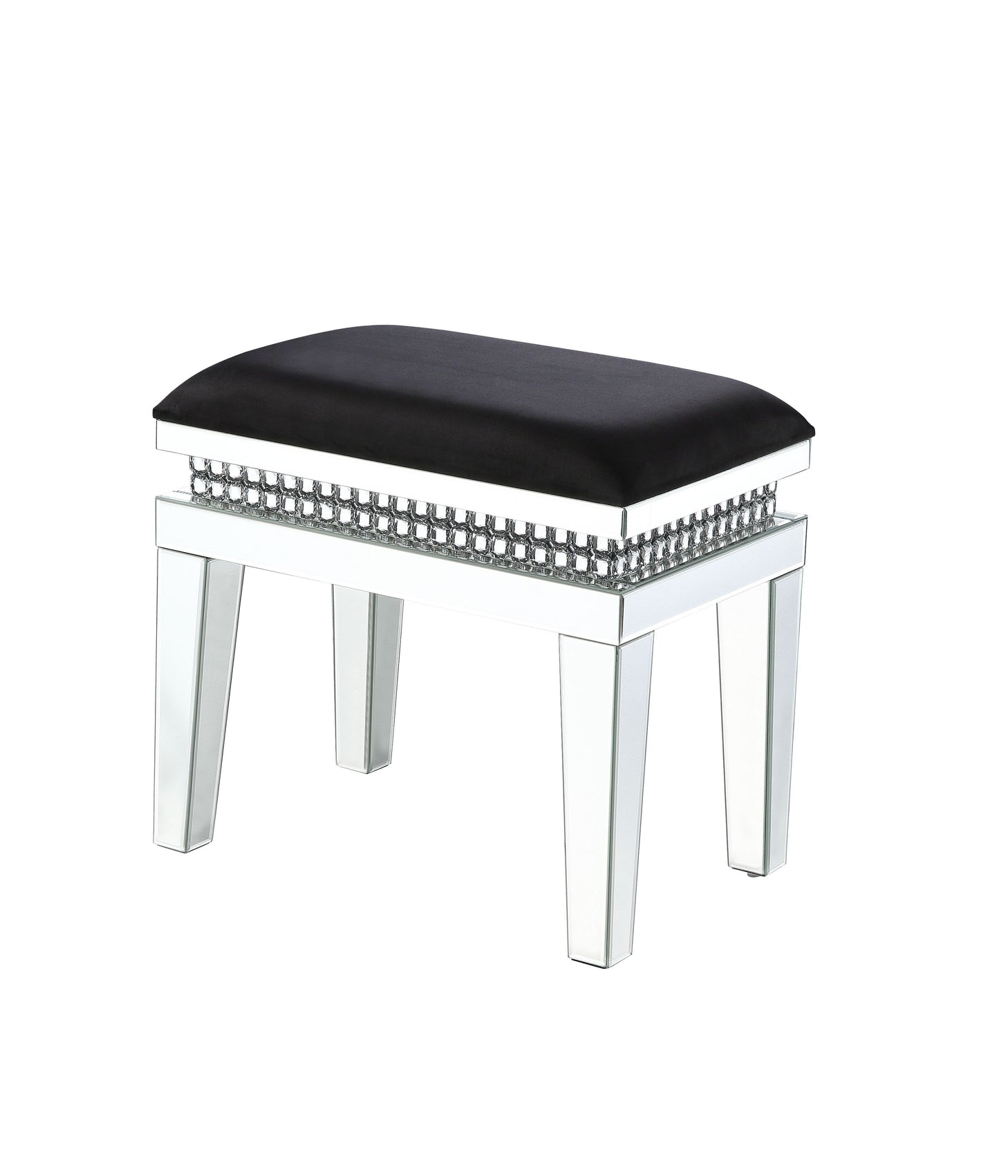 Lotus - Vanity Stool - Black Fabric, Mirrored & Faux Crystals