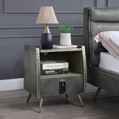 Doris - Nightstand With USB & Electric Lock - Gray Top Grain Leather & Aluminum
