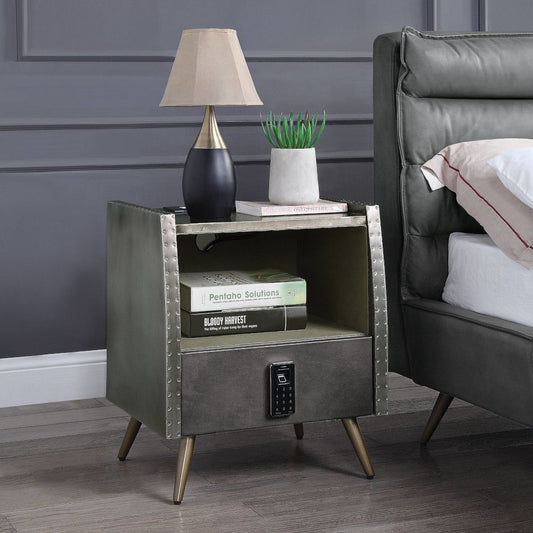 Doris - Nightstand With USB & Electric Lock - Gray Top Grain Leather & Aluminum