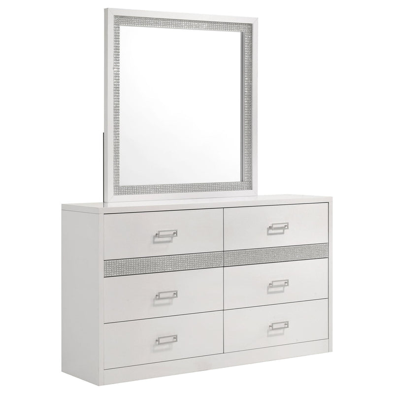 Viana 6-Drawer Bedroom Dresser with Beveled Mirror White High Gloss