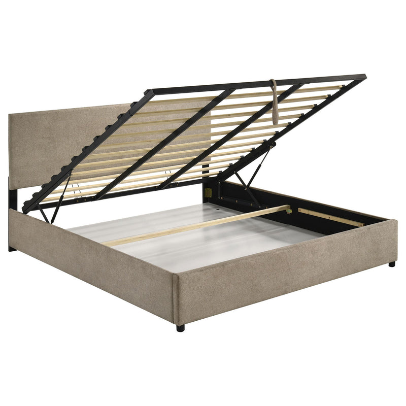 Reeves Upholstered Eastern King Lift-Top Storage Platform Bed Tan