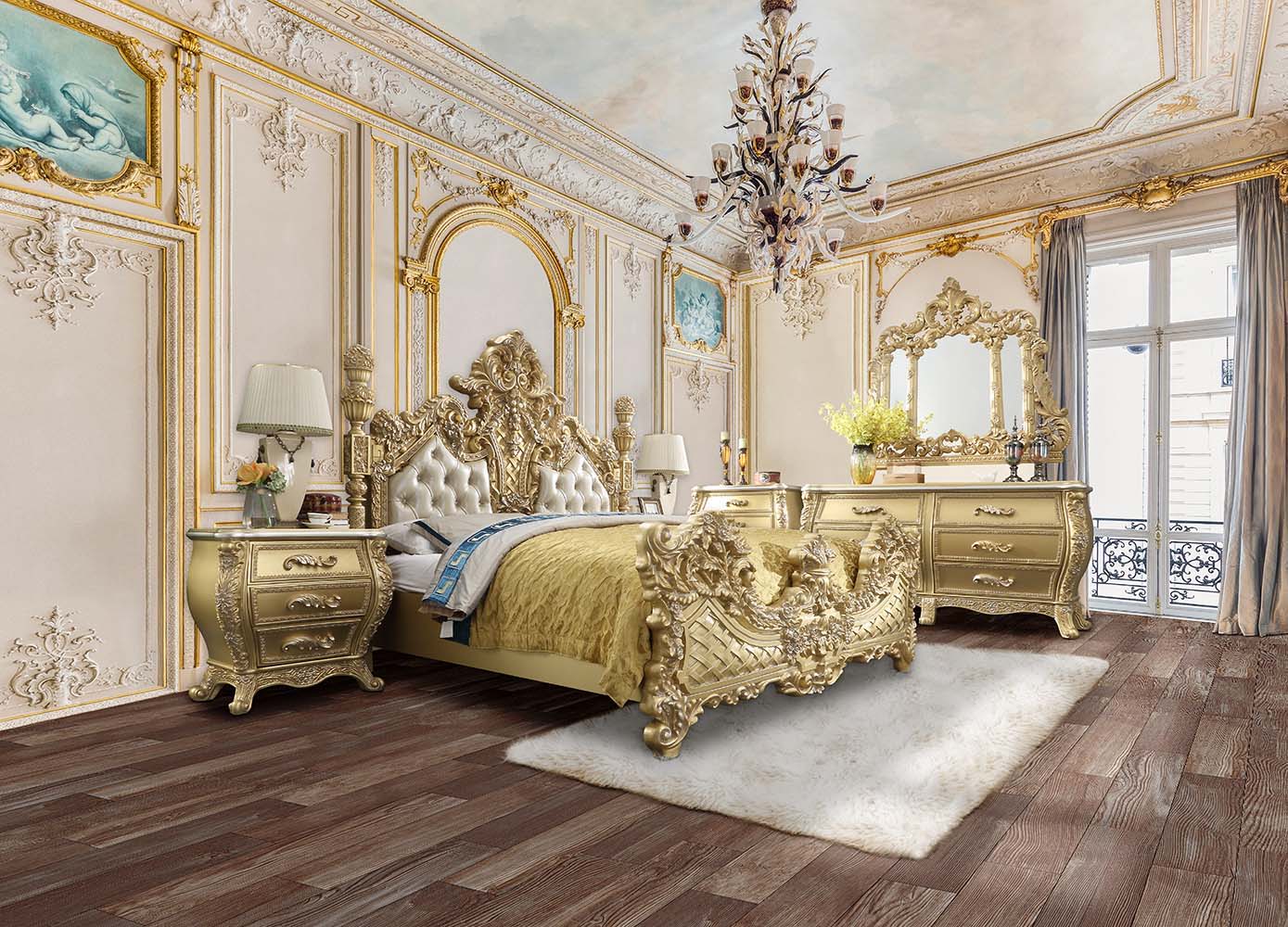 Cabriole - Eastern King Bed - Light Gold Synthetic Leather & Gold