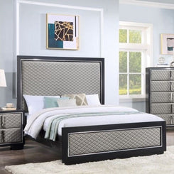 Nicola - Eastern King Bed - Silver Synthetic Leather & Black