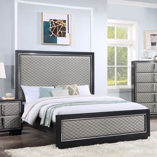 Nicola - Eastern King Bed - Silver Synthetic Leather & Black