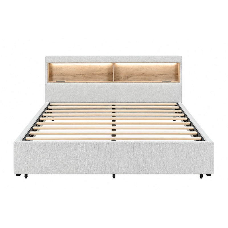 Sacha - Bed With LED And Bookcase Headboard, Built In Siderail Storage