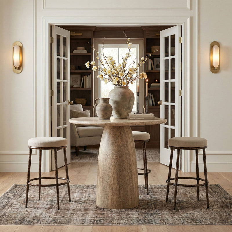 Ferro - Performance Fabric Upholstered Backless Bar Stool - Cream / Antique Bronze