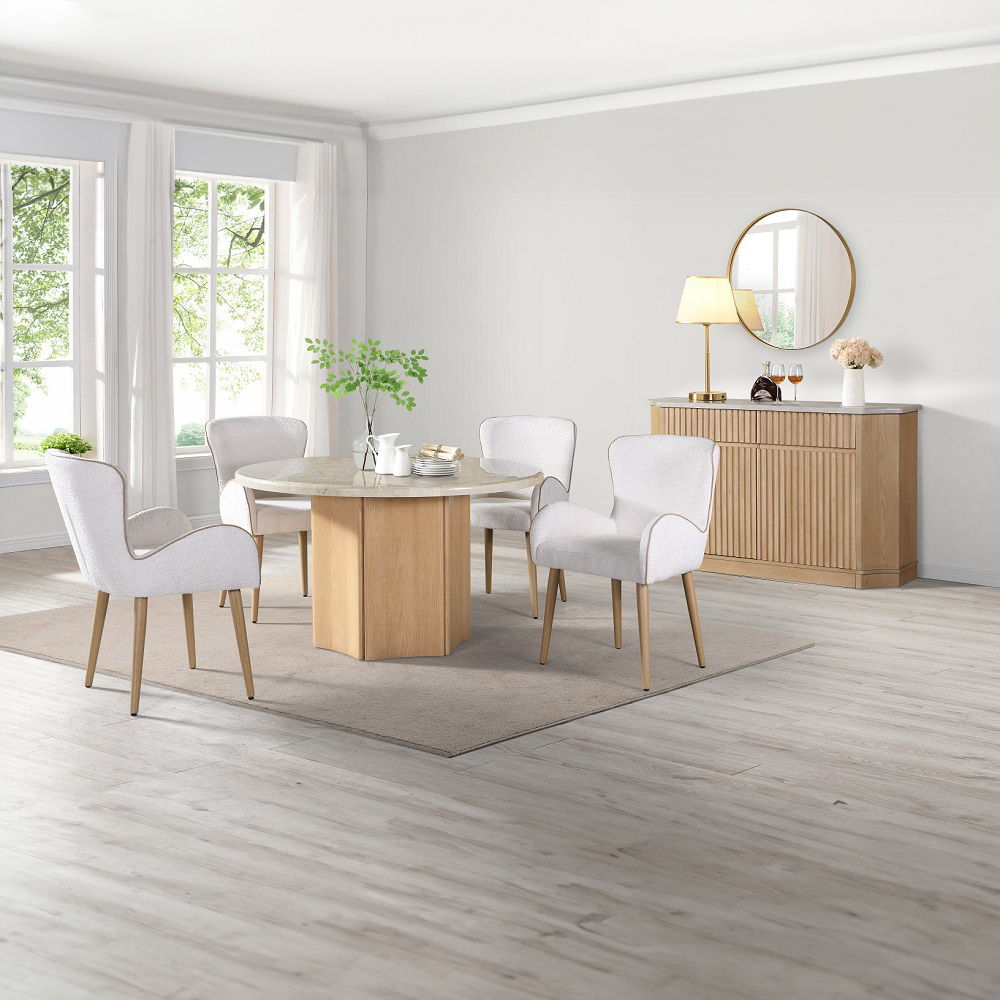 Qwin - Round Dining Table With Marble Top - Gray Fabric & Weathered Gray Oak