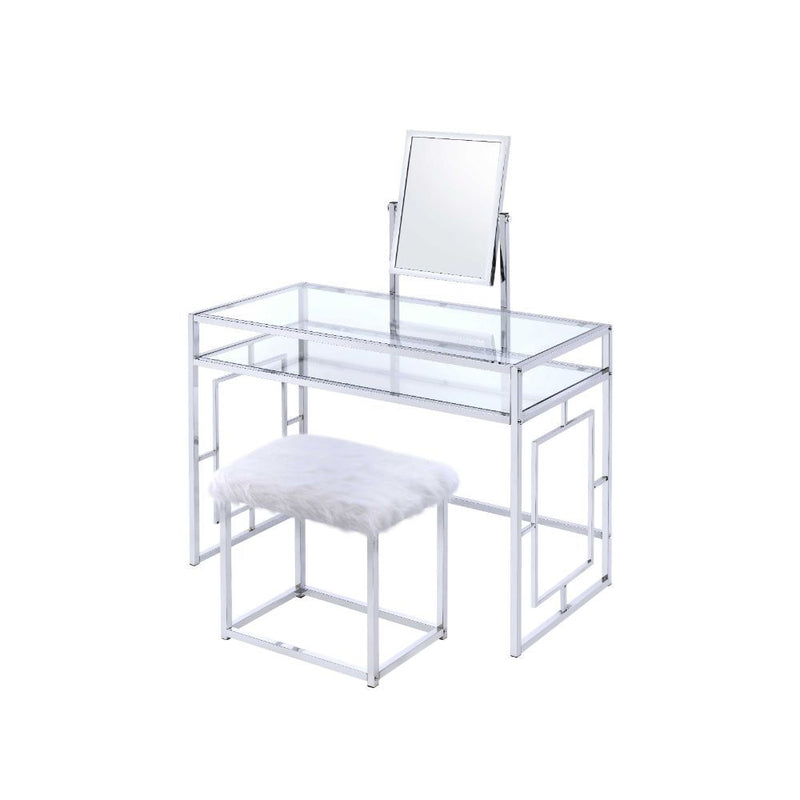 Carenze II - Vanity Set - White Faux Fur & Chrome