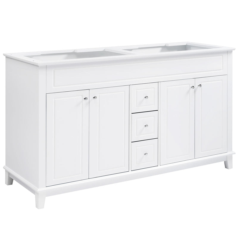 Bathroom Vanity Cabinet Only, 3 Drawers & 4 Doors & Double Layer Shelves - White