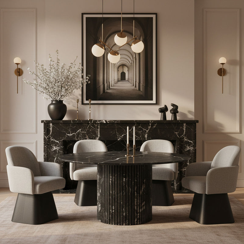 Marlowe - Linen Textured Fabric Upholstered Swivel Dining Arm Chair - Stained Black
