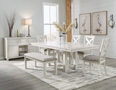 White / 7 Pc. Table, 4 Chairs, Bench, Server