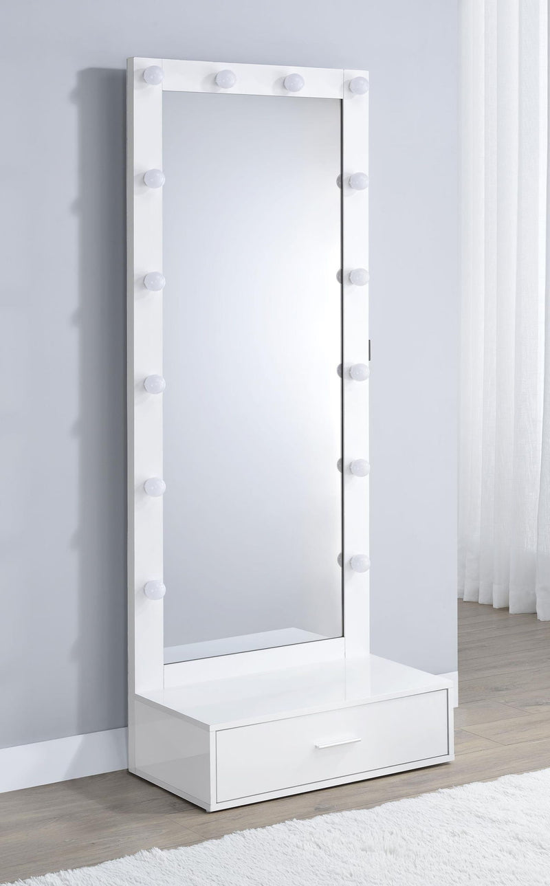 Spector 1-drawer Lighted Full-Length Floor Mirror White High Gloss